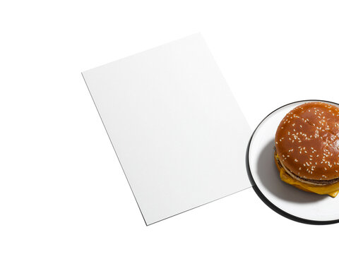 Empty Paper Mockup with Cheeseburger on a Plate 3D Render