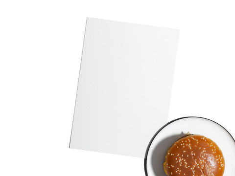 Blank White Poster Paper Mockup with Burger on a Plate 3D Render