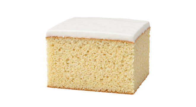 Square slice of sponge cake with white icing on transparent background