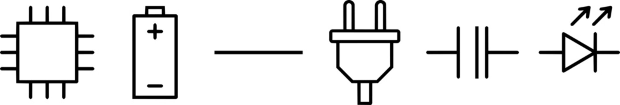 Electronics Components Outline Vector Icons Set