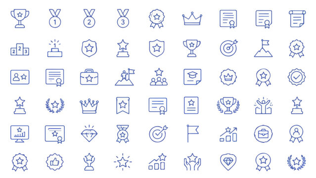 Award and Recognition Blue Duotone Vector Icon Set with Success Achievement and Excellence Symbols