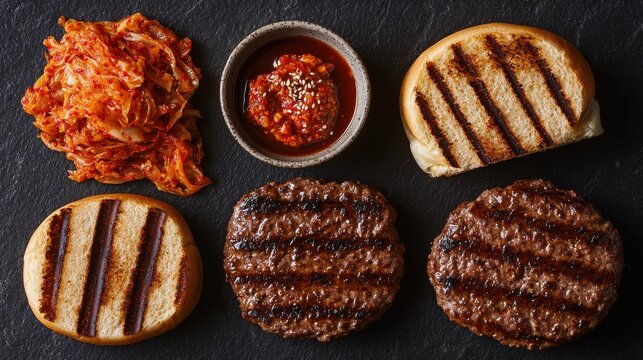 Premium kimchi burger components arranged overhead on dark slate featuring grilled beef patties Korean fermented vegetables gochujang sauce and toasted bun halves