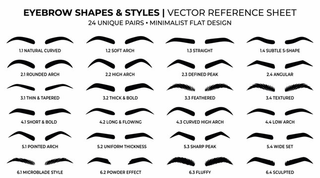 Minimalist flat design vector reference sheet showcasing 24 distinct black eyebrow shapes and styles, representing beauty education resources and aesthetic service template designs