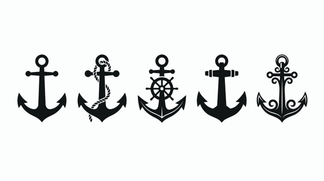 Vector illustration featuring five distinct black anchor silhouettes with diverse designs on a white background, Symbolizing nautical adventure and steadfast stability
