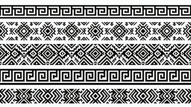 Monochrome decorative borders featuring traditional Greek key and tribal geometric patterns on a white background, symbolizing cultural heritage and providing versatile graphic resources for design
