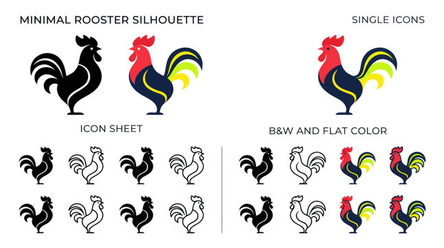 Minimal Rooster Silhouette and Icons Set - Flat Design, Vector Art