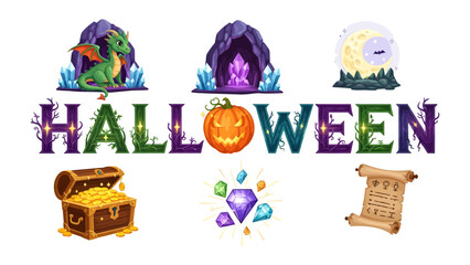 Halloween Symbols Collection: A vibrant collection of Halloween-themed elements including a dragon, glowing crystals, a jack-o'-lantern, a treasure chest, magical gems, and ancient scroll. © abidakhatun
