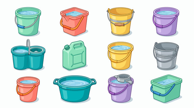 Cartoon collection of various colorful buckets, pails and water containers filled with clear water on a white background, symbolizing cleaning supplies and water usage for domestic tasks