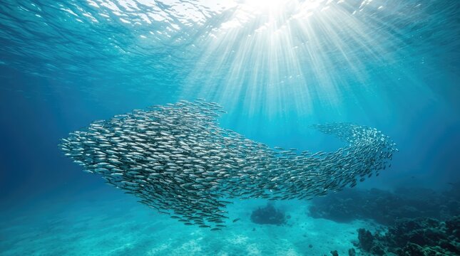 School of mackerel swims in ocean with sunlight filtering down
