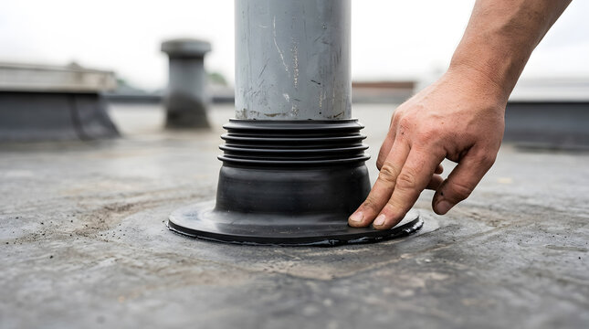 installing rubber pipe flashing on flat roof | sealing roof vent pipe with rubber boot | professional flat roof maintenance and repair | waterproof roof penetration seal installation