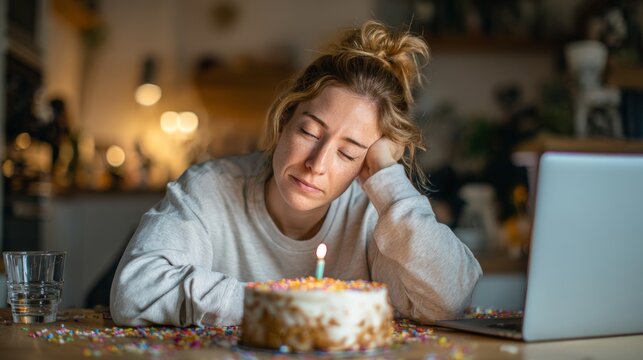 Tired woman leaning on hand with small birthday cake and candle for social media background and emotional banner use