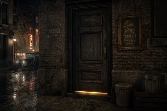 Hidden entrance to a speakeasy, warm light and jazz music under the door.