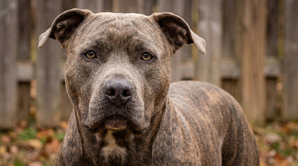 Obraz premium Close-up of a brindle pit bull dog in a backyard setting