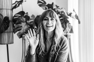 Smiling woman waving in cozy indoor black and white portrait © Rawpixel.com