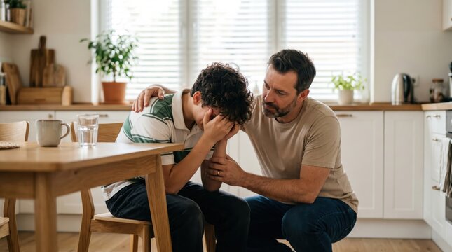 Father consoling his sad teenage son who is crying at home in the kitchen.