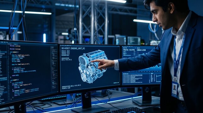Engineer analyzing 3d engine model on large touchscreen display in modern research and development lab