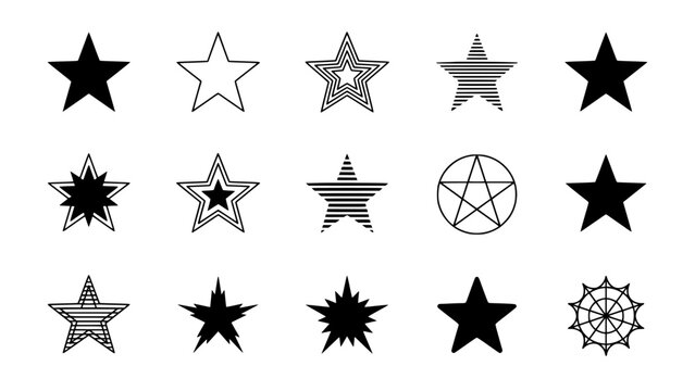 Star Shapes Set in Black Line Art and Geometric Outlines with Varying Designs on a White Background Featuring Stars, Shape