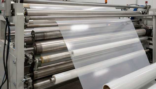 Medium shot of multilayer highspeed laminator working with pressure rollers combining multiple substrates to create durable protective film layers in continuous manufacturing.