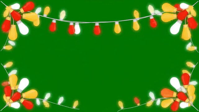 Decorative hanging string lights border with colorful bulbs on a solid green background for festive holiday celebration event design and digital party invitation frames