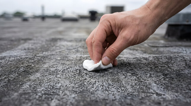 Professional flat roof inspection | Testing roof membrane for dirt | Industrial roofing maintenance | Roofer checking surface adhesion