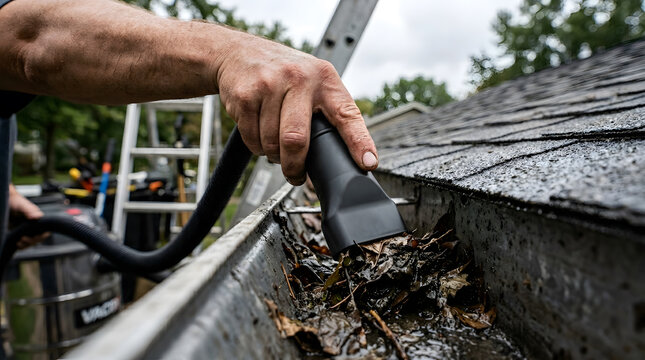 Professional gutter cleaning service | Vacuuming leaves from roof gutters | Home exterior maintenance tools | Removing debris from residential gutters