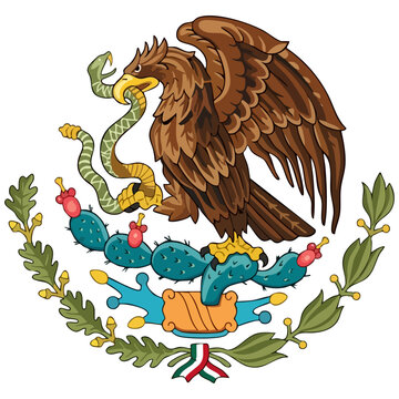 Mexican coat of arms emblem with eagle and snake. Traditional Mexico national emblem illustration. Heraldic eagle perched on cactus with snake design. Symbol of Mexico national pride and heritage