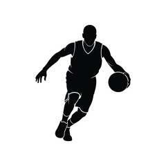 Silhouette of a male basketball player dribbling a ball during a game against a white background © MAJEDA STOCK