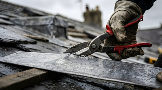 Professional roofer cutting lead flashing on slate roof | Metal snips trimming lead for roofing repair | Construction worker installing lead flashing for waterproofing