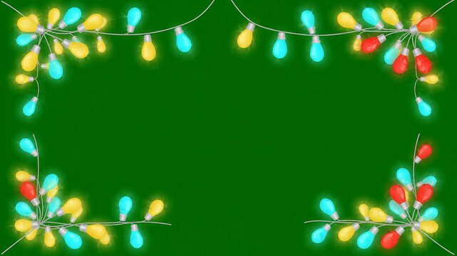 Colorful string lights border festive holiday illumination frame on a dark green background for Christmas party design and winter seasonal celebration graphic element