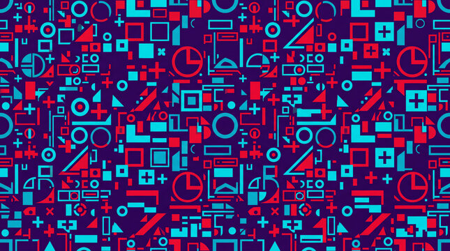 A seamless retro geometric pattern featuring flat colorful abstract shapes on a dark purple background in a nineties style