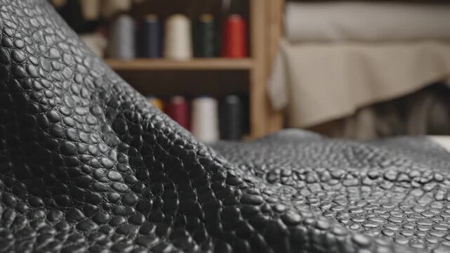 Black textured leather material lies in a craft workshop