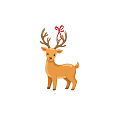 Obraz premium Adorable cartoon reindeer christmas ornament with red ribbon for holiday tree decoration isolated on a clean white background