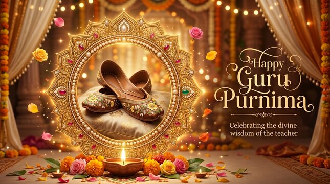 Happy Guru Purnima Greeting Card with Traditional Floral Embroidered Paduka Slippers, Diya Lamp, and Golden Mandala Frame &ndash; Indian Spiritual Festival Background Se