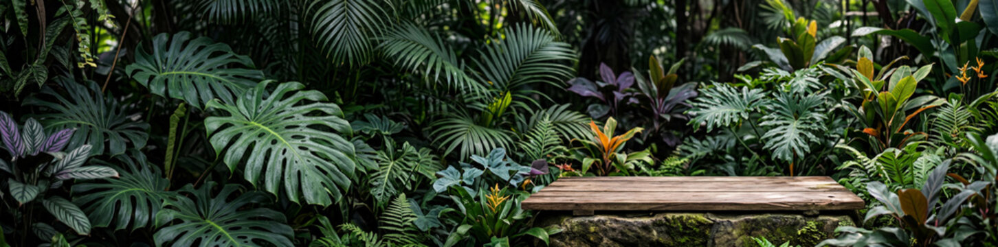 A panoramic tropical jungle setting featuring an empty wooden shelf on a mossy stone platform surrounded by lush monstera leaves
