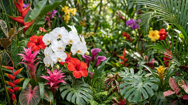 A beautiful tropical garden landscape filled with colorful blooming flowers including white orchids red hibiscus and green ferns