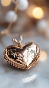 A heart-shaped locket is displayed on a surface as it spins gently. Bright lights shine in the background creating a warm atmosphere. This takes place inside a cozy room during the day