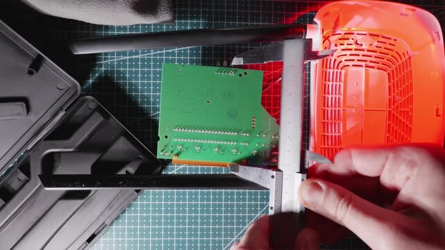 Engineer measuring circuit board dimensions with caliper