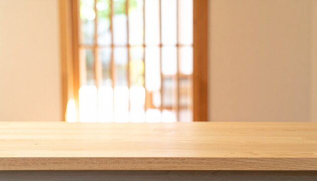 朝の光が差し込むナチュラルなオーク材の玄関カウンターと木製格子の背景