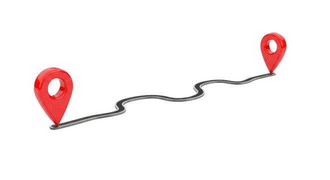Two red location pins connected by a winding path representing a journey or route isolated on a clean background