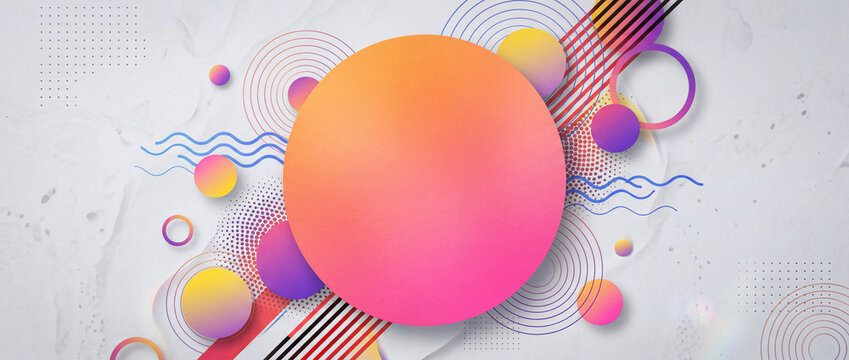 A modern abstract panoramic graphic with a large central pink circle surrounded by colorful geometric shapes and waves