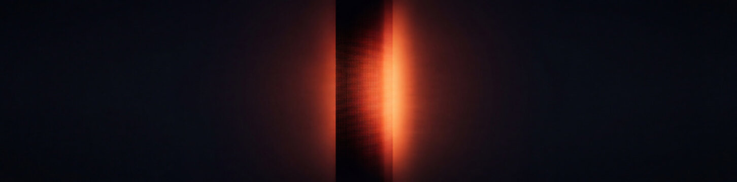 Dark panoramic background featuring a vibrant vertical beam of glowing orange light leaking through a central screen slit
