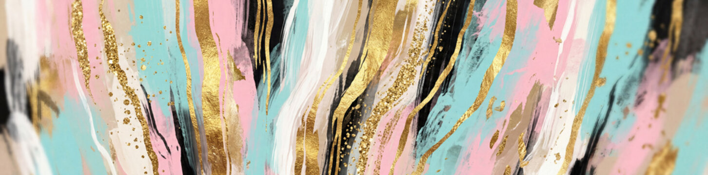 A panoramic abstract painting with vertical brushstrokes of pastel pink mint green and glittering gold foil details