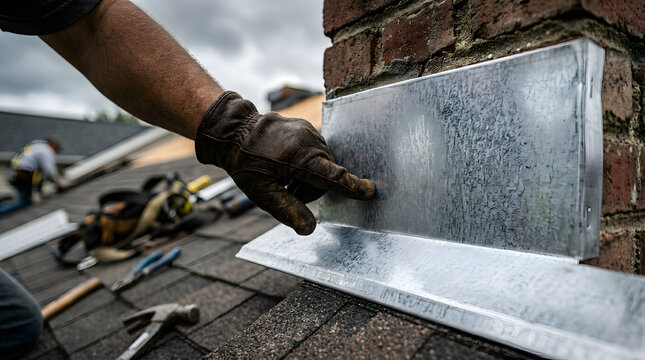 Roofing contractor installing chimney flashing | Metal roof flashing repair on brick | Professional roof maintenance and leak prevention | Gloved hand working on rooftop construction