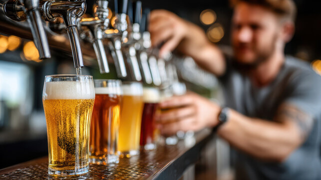 Long row of stainless beer taps with poured glasses on bar counter for pub banner background and beverage design