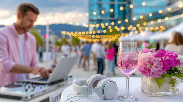 Outdoor evening dj setup with headphones and drink on cocktail table for party event background and banner