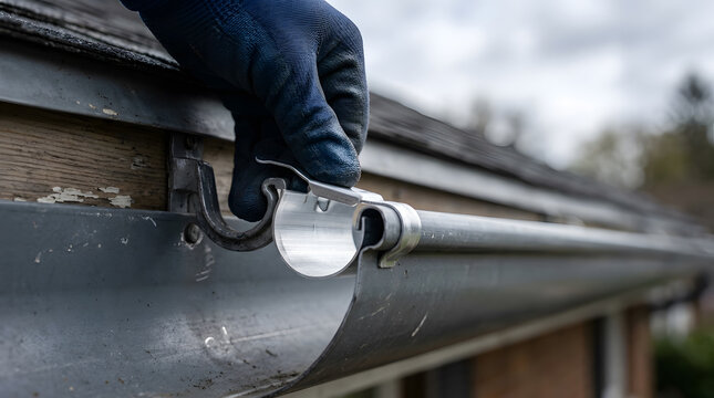 Professional rain gutter installation service | Repairing metal roof gutters with clips | Close up of worker fixing house drainage | Residential roof maintenance and gutter repair