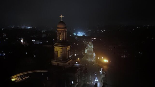 St Chad's Church Illuminated at Night with Shrewsbury Town Centre, England
