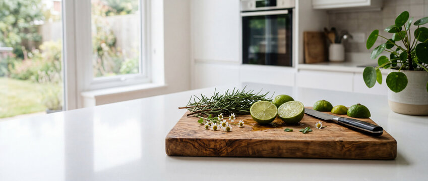A clean modern white kitchen countertop featuring fresh cut green limes and rosemary on a wooden cutting board with a knife