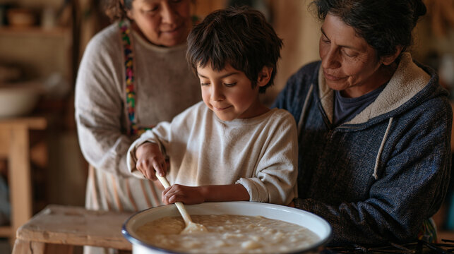 Child stands on wooden step stool beside grandmother at stovetop stirring bubbling posole in deep enamel pot, small hands gripping ladle, abuela guiding from behind, colorful embroidered apron strin