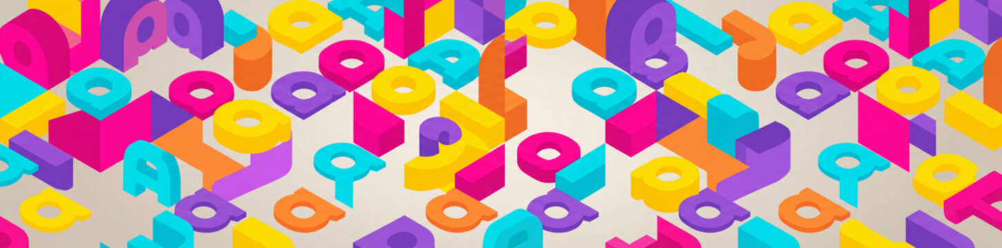A vibrant colorful panoramic 3D isometric pattern of repeating letters and geometric blocks on a light beige background